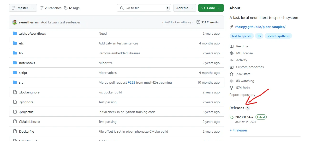 Sur le repo Github de Piper, cliquez sur 'Releases'