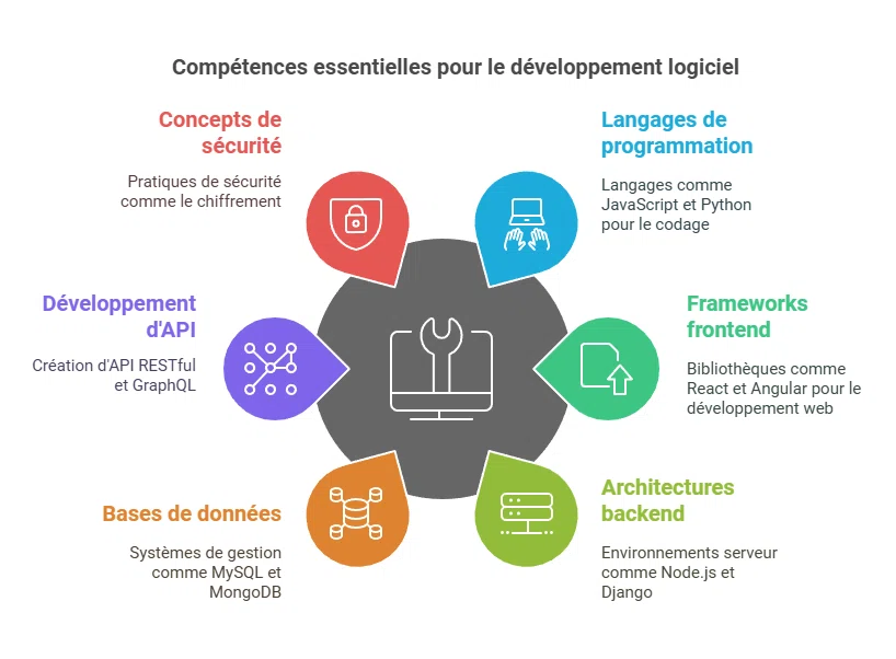 Compétences essentielles pour le développement web : sécurité, langages de programmation, développement d'API, frameworks frontend, bases de données, architectures backend