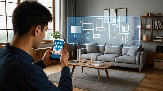 Jeune homme utilisant son smartphone avec un écran virtuel de réalité augmentée dans son salon